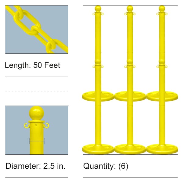 Mr. Chain Yellow Medium Duty Stowable Stanchion Kit and Chain, 6PK 73702-6 - main
